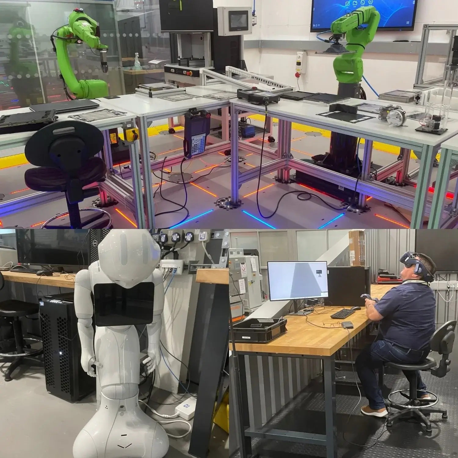 Robotic arms, a humanoid robot and VR equipment in the labs at AMRC Cymru
