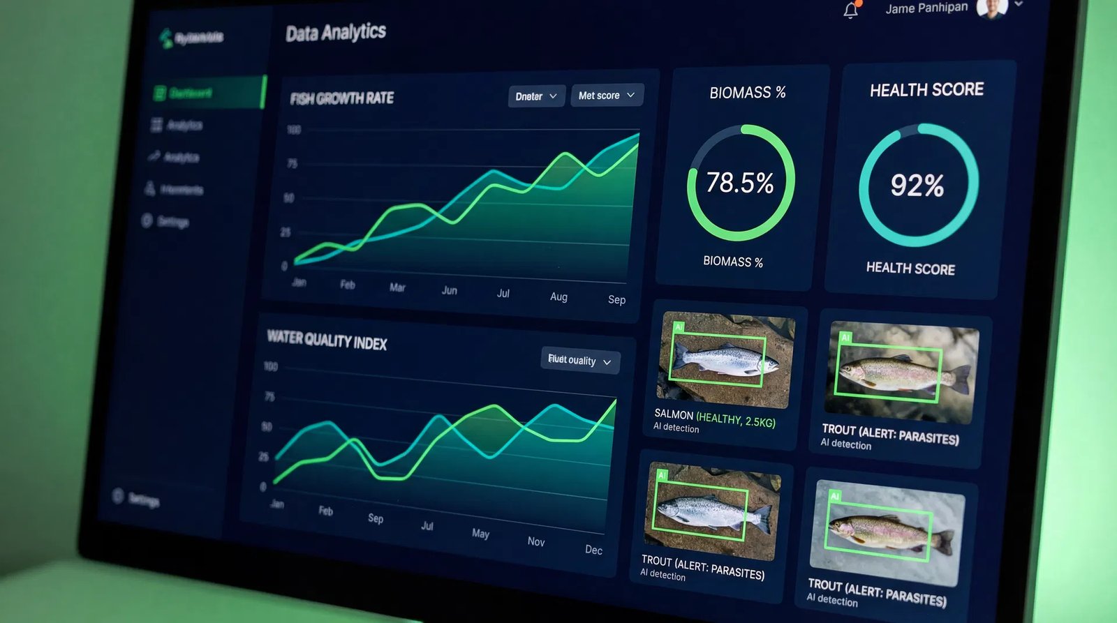 Ecodetect analytics dashboard showing growth and water quality trends, biomass and health scores, and AI fish detections